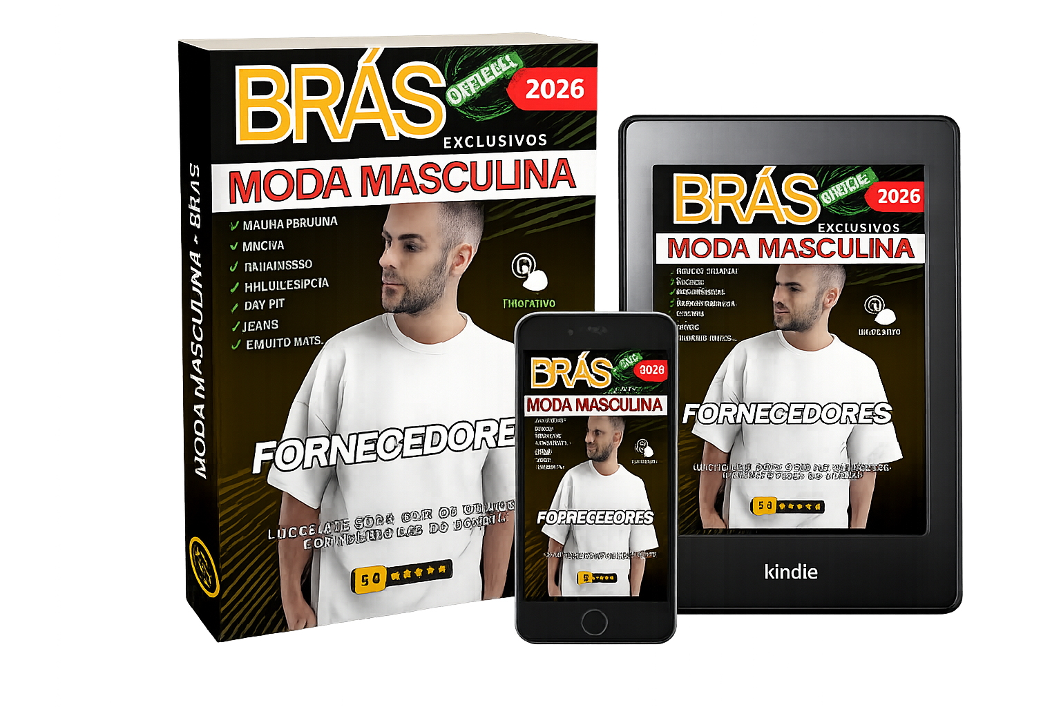 Mockup do guia BRÁS Exclusivos em livro, tablet e celular