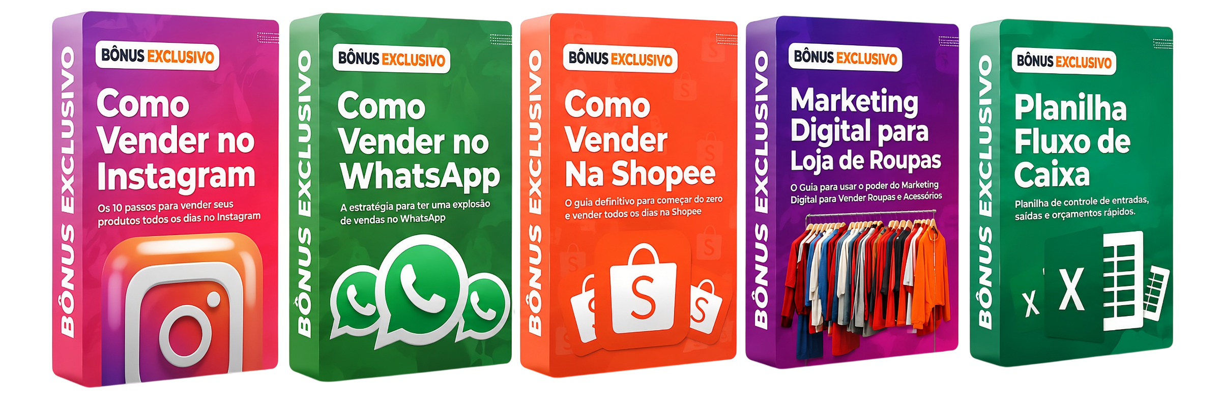 5 bônus exclusivos: Instagram, WhatsApp, Shopee, Marketing Digital e Planilha de Fluxo de Caixa